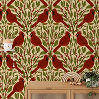Sophisticated vintage cardinals mural for elegant wall decor. RNM16
