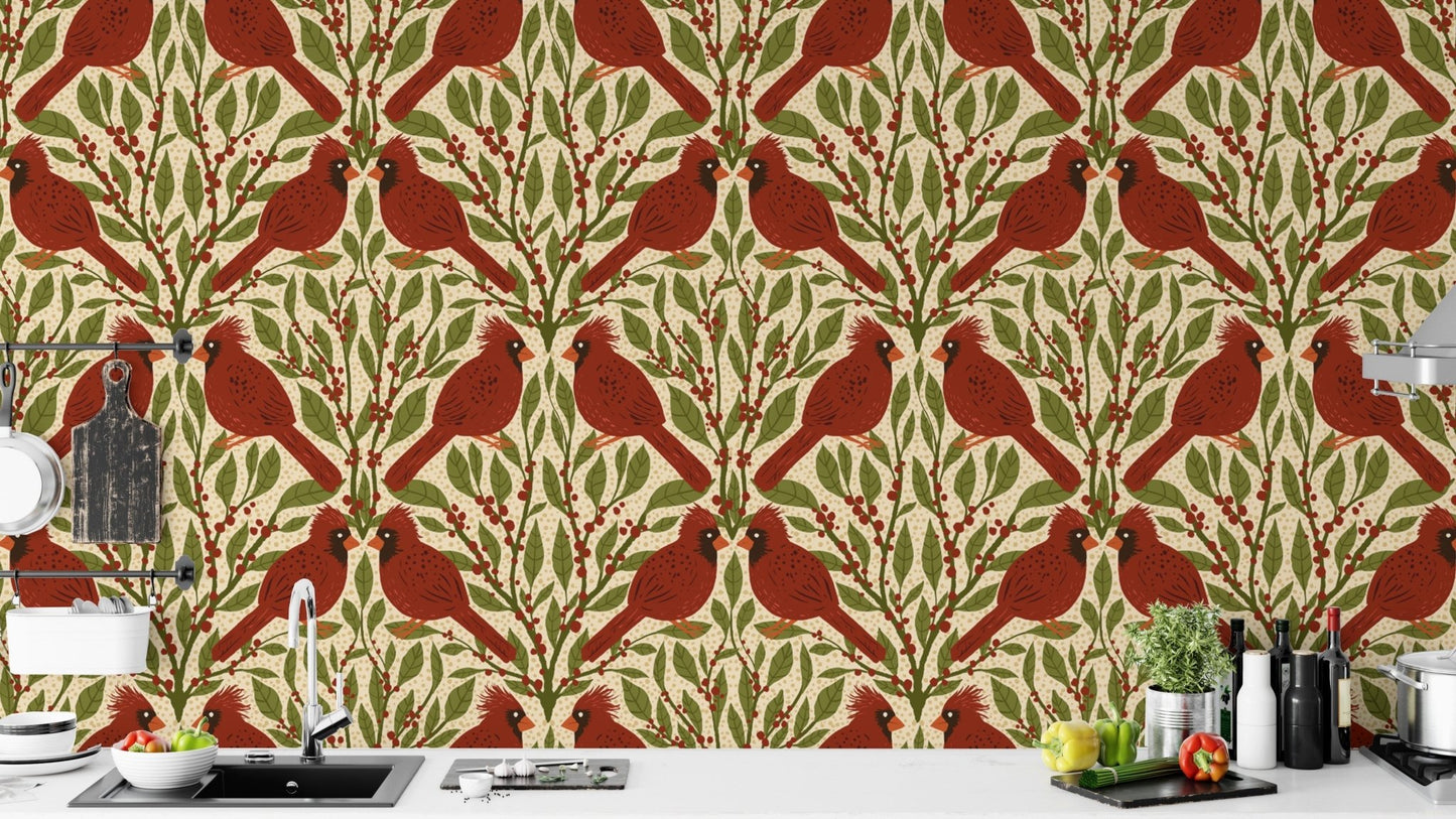Stunning red cardinals mural for vintage-style accent walls. RNM16
