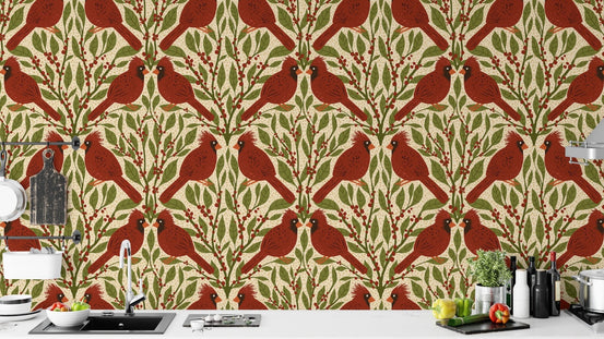 Stunning red cardinals mural for vintage-style accent walls. RNM16
