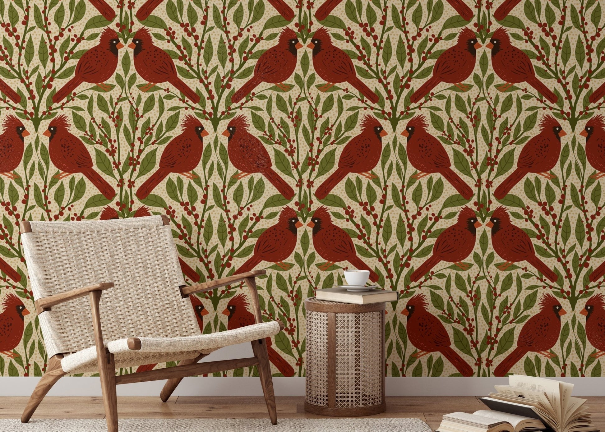 Timeless red cardinals mural wallpaper for nature-inspired walls. RNM16
