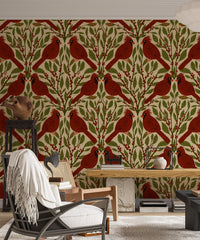 Elegant vintage red cardinals wallpaper mural for classic decor. RNM16

