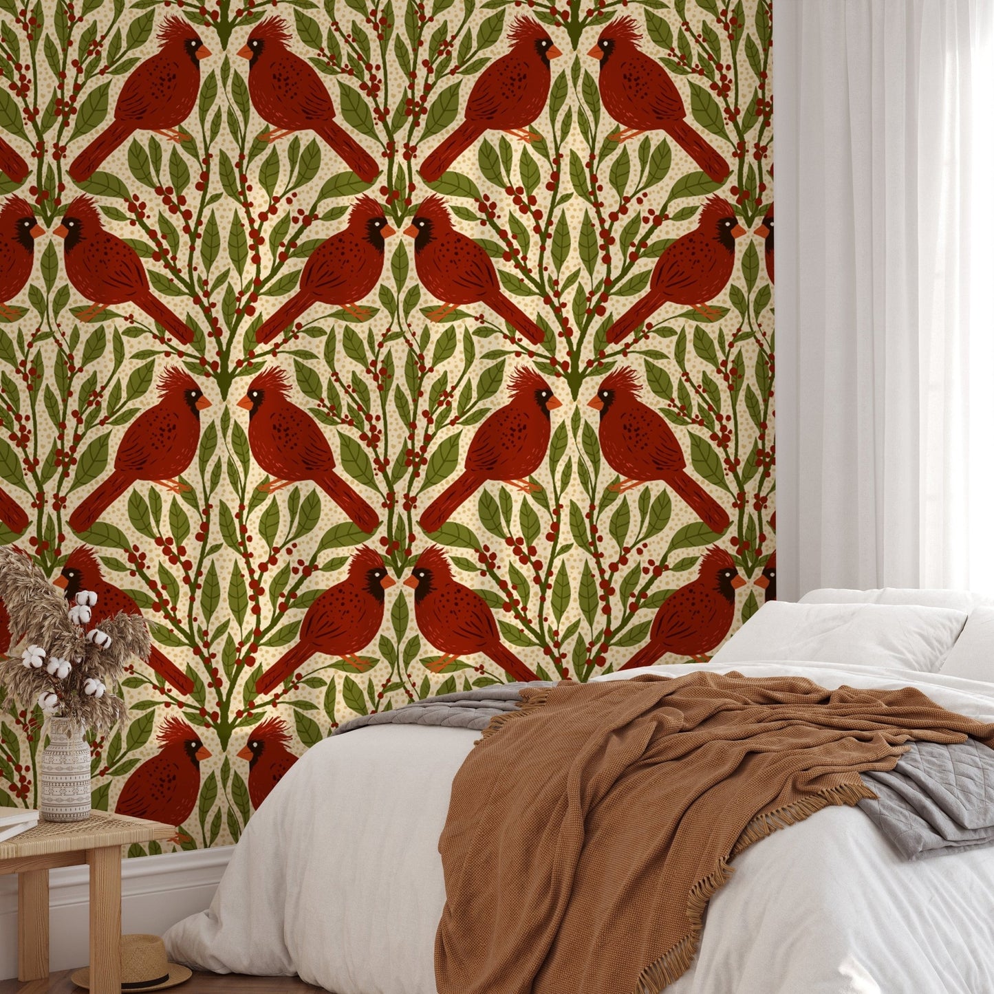 Artistic red cardinals wallpaper mural for rustic interiors. RNM16
