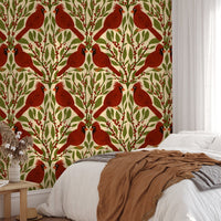 Artistic red cardinals wallpaper mural for rustic interiors. RNM16

