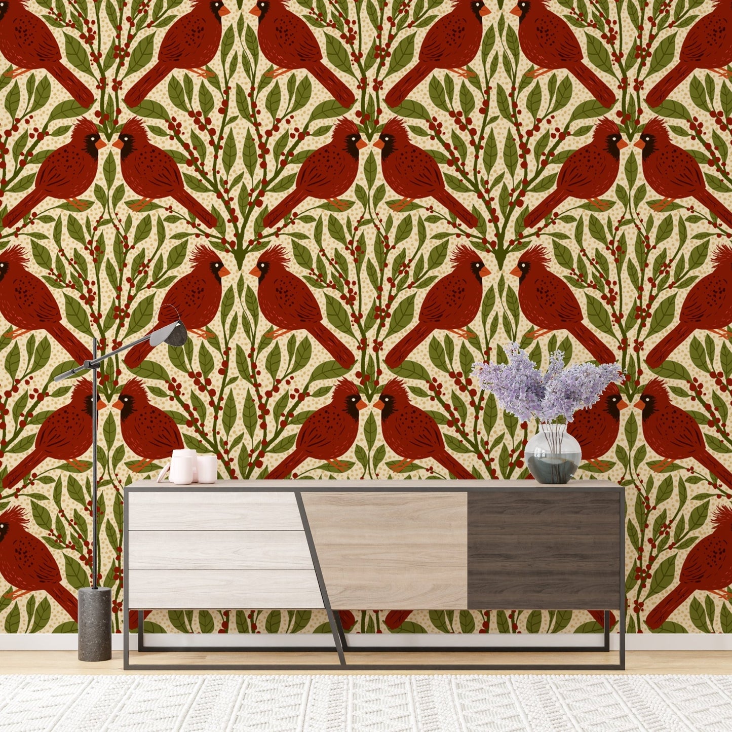 Classic vintage cardinal wallpaper for a warm, inviting look. RNM16
