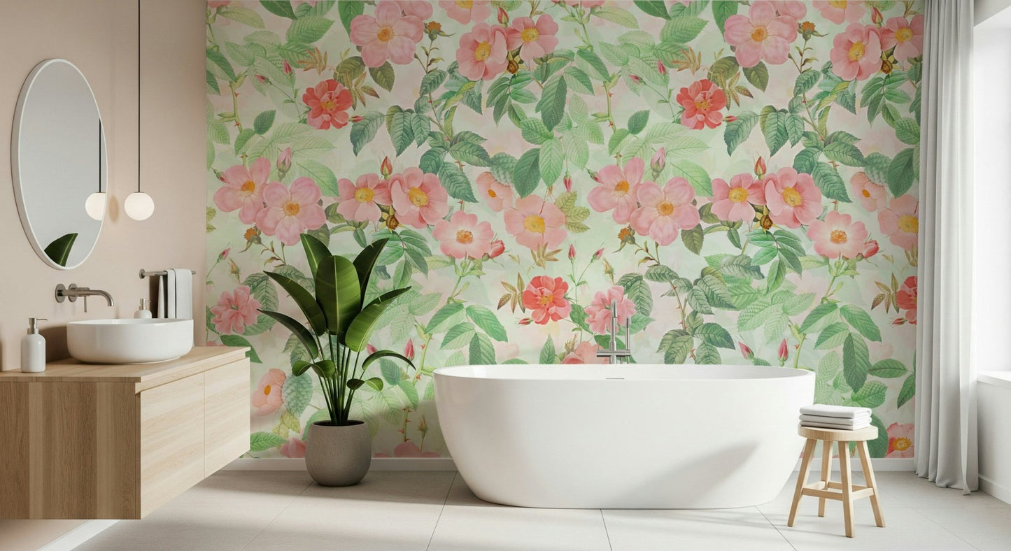Interior space featuring the delicate Vintage Redouté Rose Garden Wall Mural.