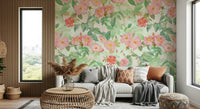 Headboard area showcasing the floral Vintage Redouté Rose Garden Wall Mural.