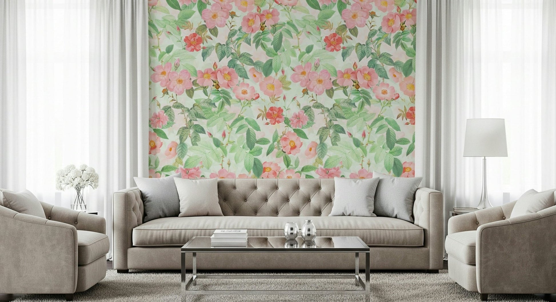 Horizontal pattern of the elegant Vintage Redouté Rose Garden Wall Mural.