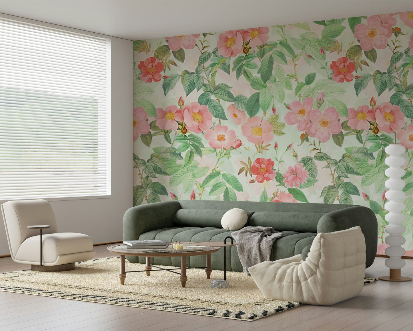 Accent wall featuring the inspiring Vintage Redouté Rose Garden Wall Mural.