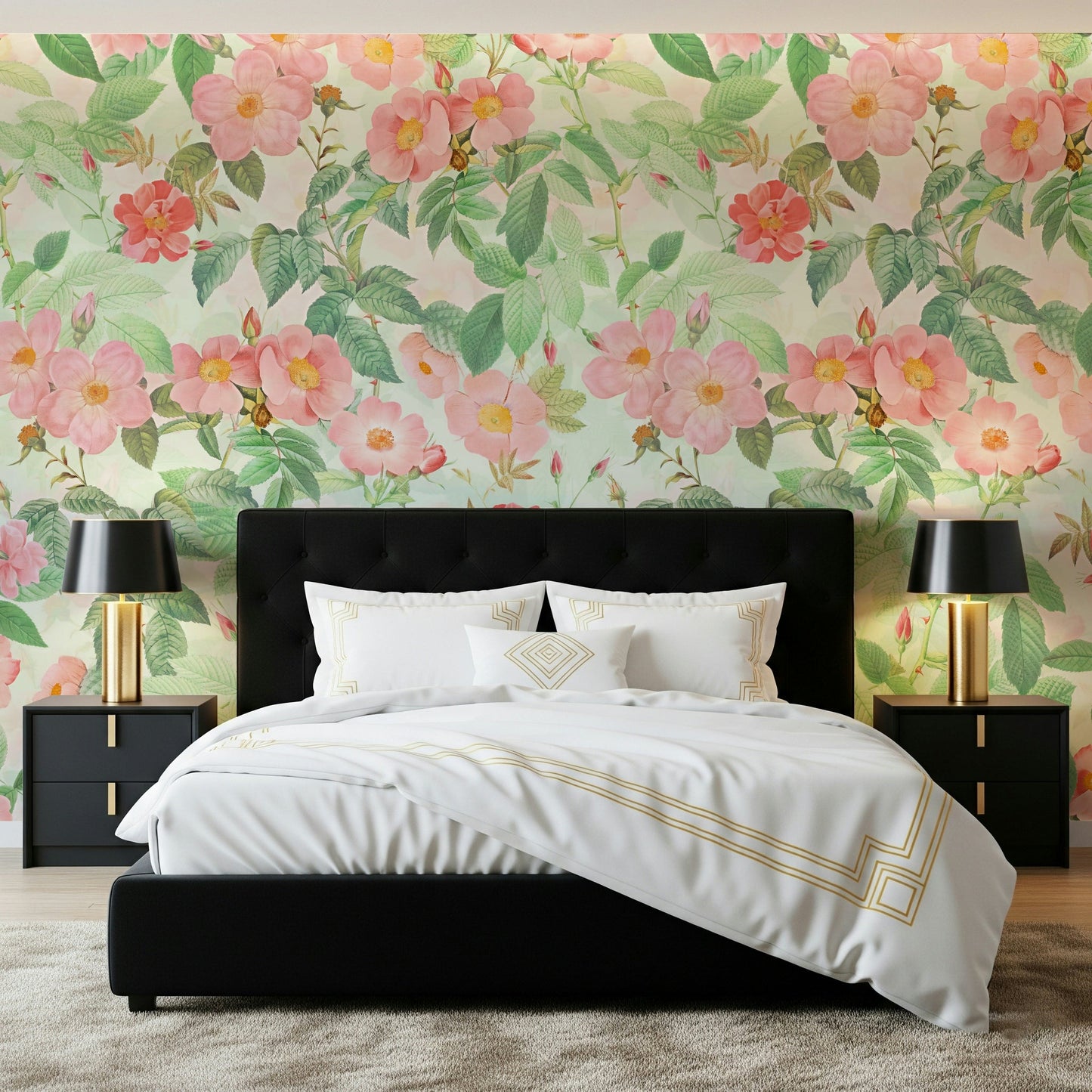 Vintage Redouté Rose Garden Wall Mural in a sophisticated living room.