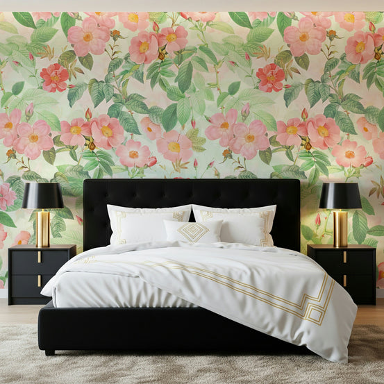 Vintage Redouté Rose Garden Wall Mural in a sophisticated living room., GD6243