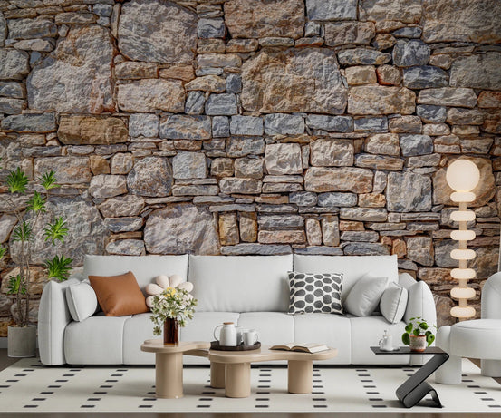 A stone-look backdrop gives this living room a grounded, rustic feel, GD8344