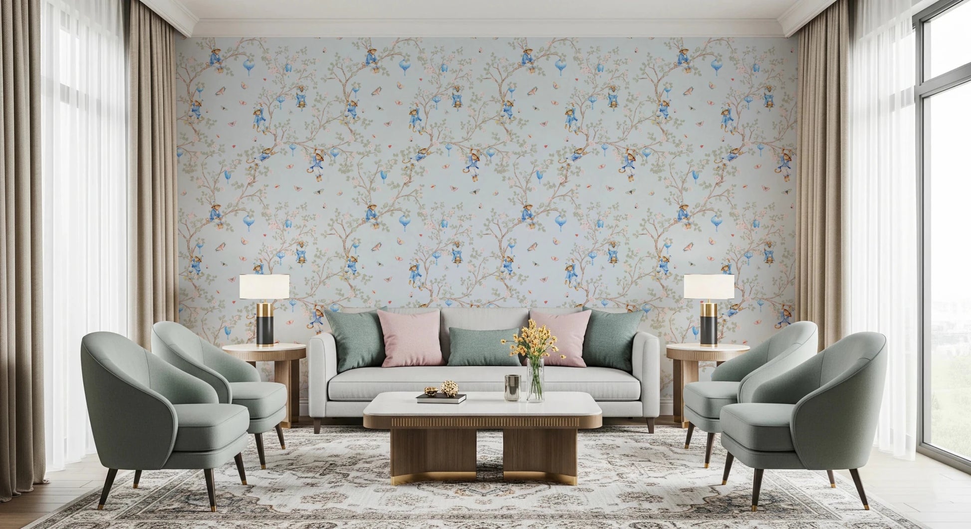 Dining nook with blue chinoiserie monkey wallpaper and warm wood table