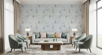 Dining nook with blue chinoiserie monkey wallpaper and warm wood table
