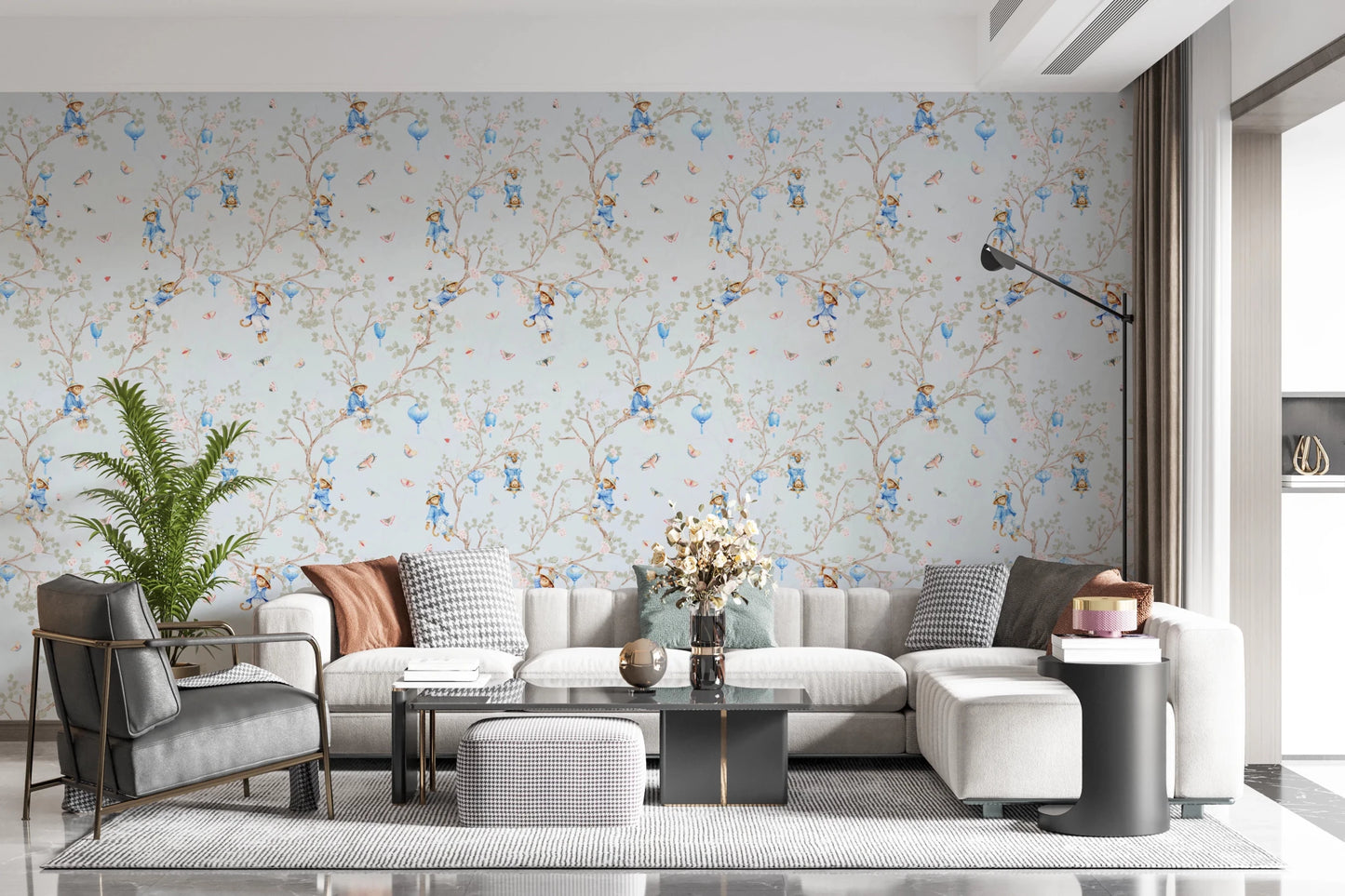 Lounge with Vintage Rococo blue wallpaper, monkeys, and sakura flowers