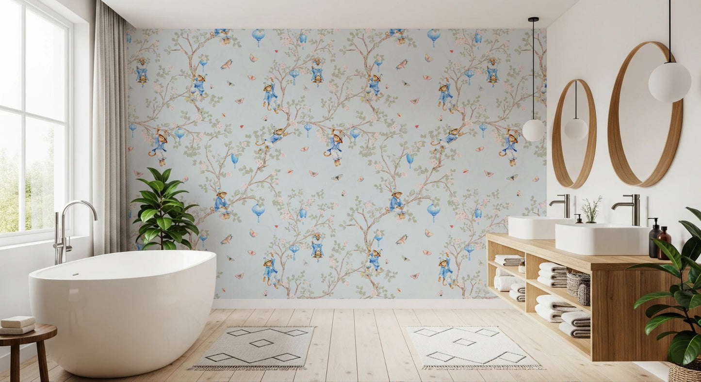 Bathroom with Vintage Rococo lantern and monkey blue wallpaper backdrop