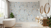 Bathroom with Vintage Rococo lantern and monkey blue wallpaper backdrop