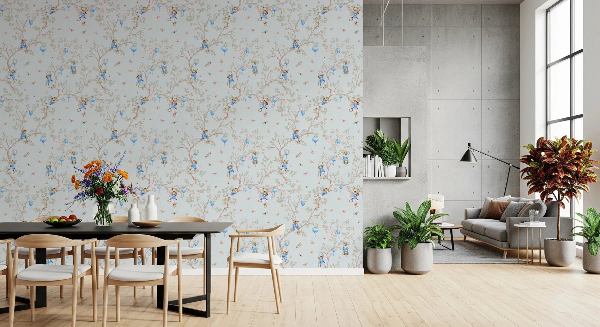 Dining corner styled with blue monkey and sakura chinoiserie wallpaper