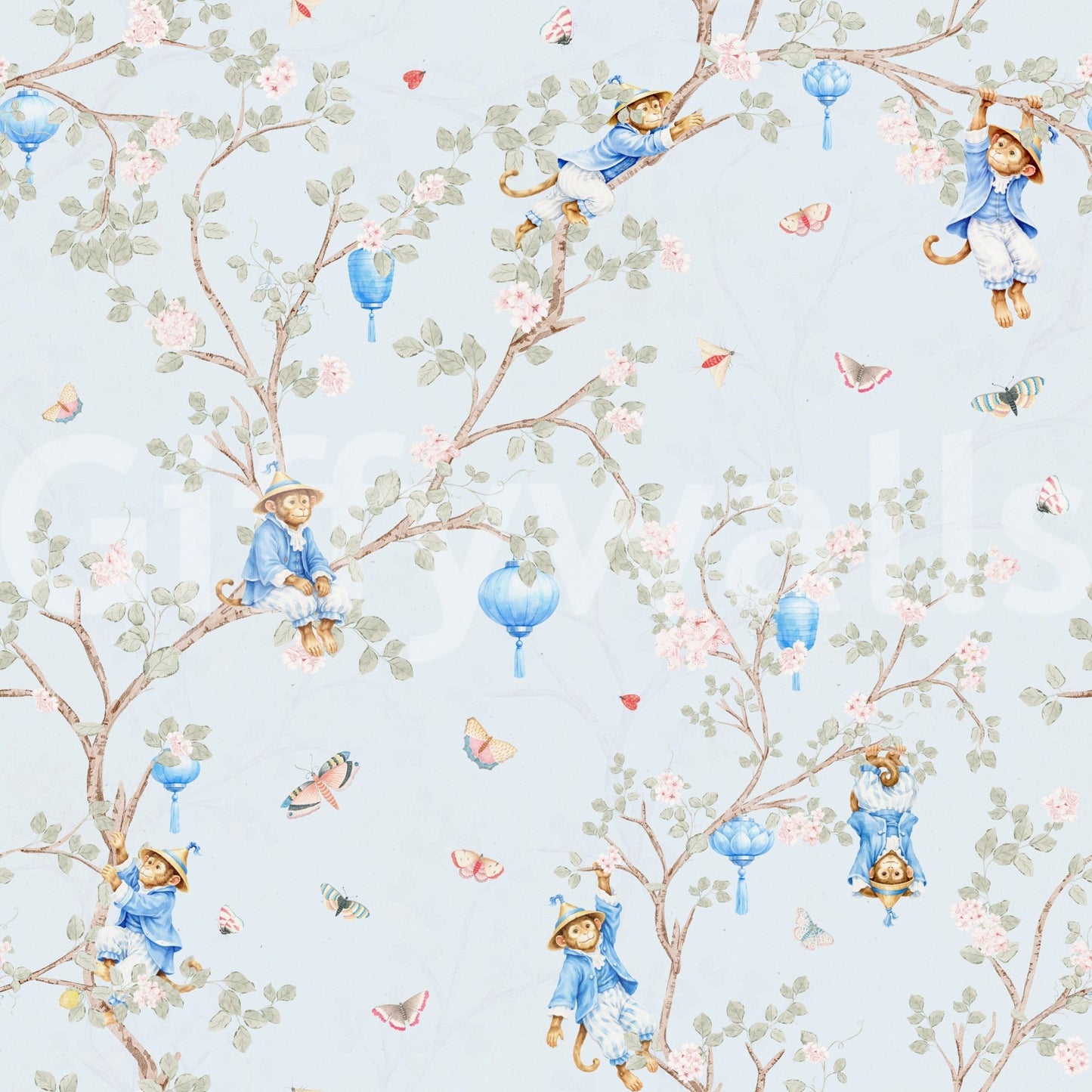 Close-up of Vintage Rococo Chinoiserie blue wallpaper with monkeys and flowers