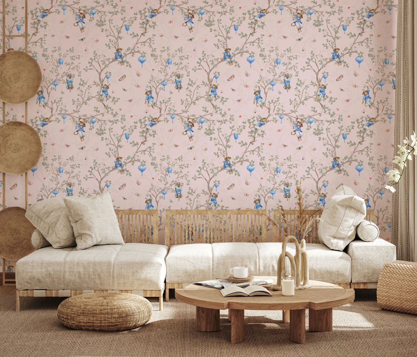 Living room styled with Vintage Rococo Chinoiserie pink Wallpaper and soft neutral seating