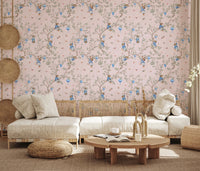 Living room styled with Vintage Rococo Chinoiserie pink Wallpaper and soft neutral seating, GD8643