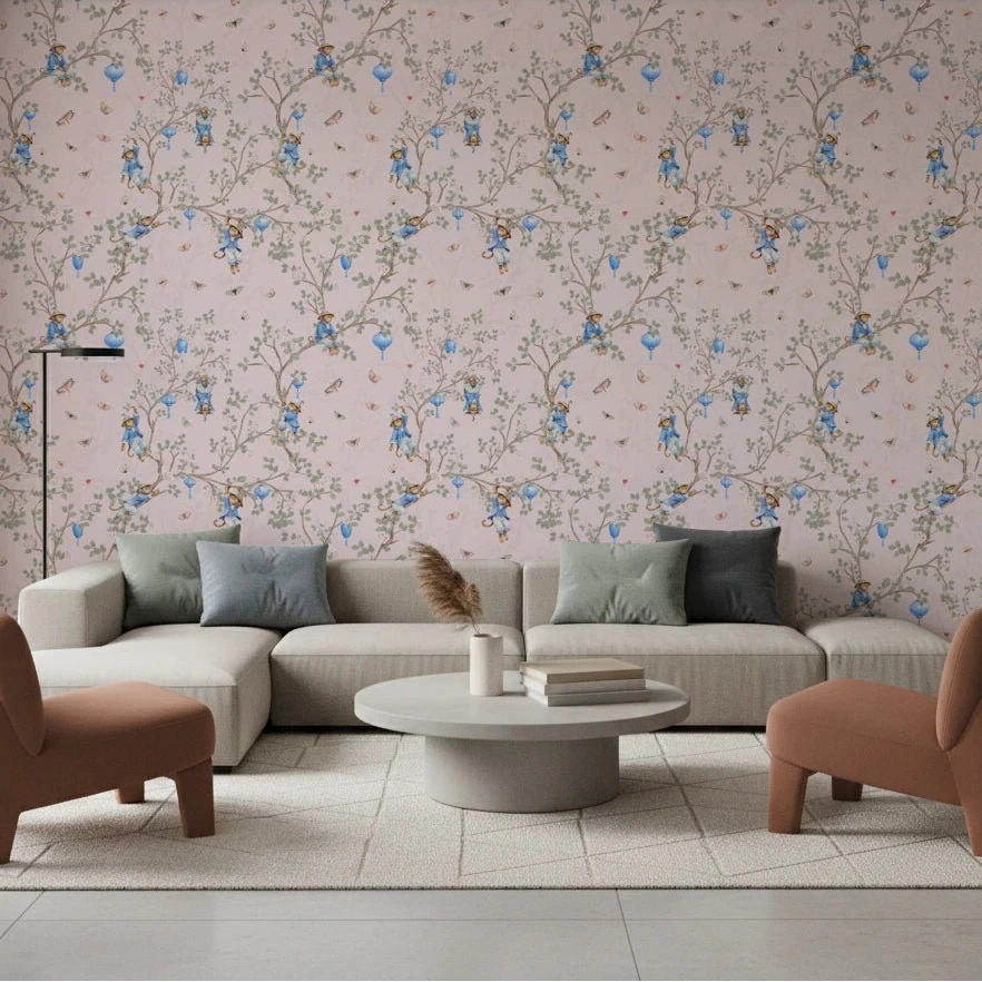 Bright living room with Vintage Rococo Chinoiserie pink Wallpaper and warm tones, GD8643