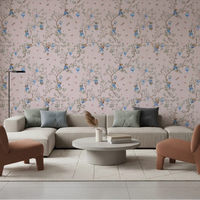 Bright living room with Vintage Rococo Chinoiserie pink Wallpaper and warm tones, GD8643