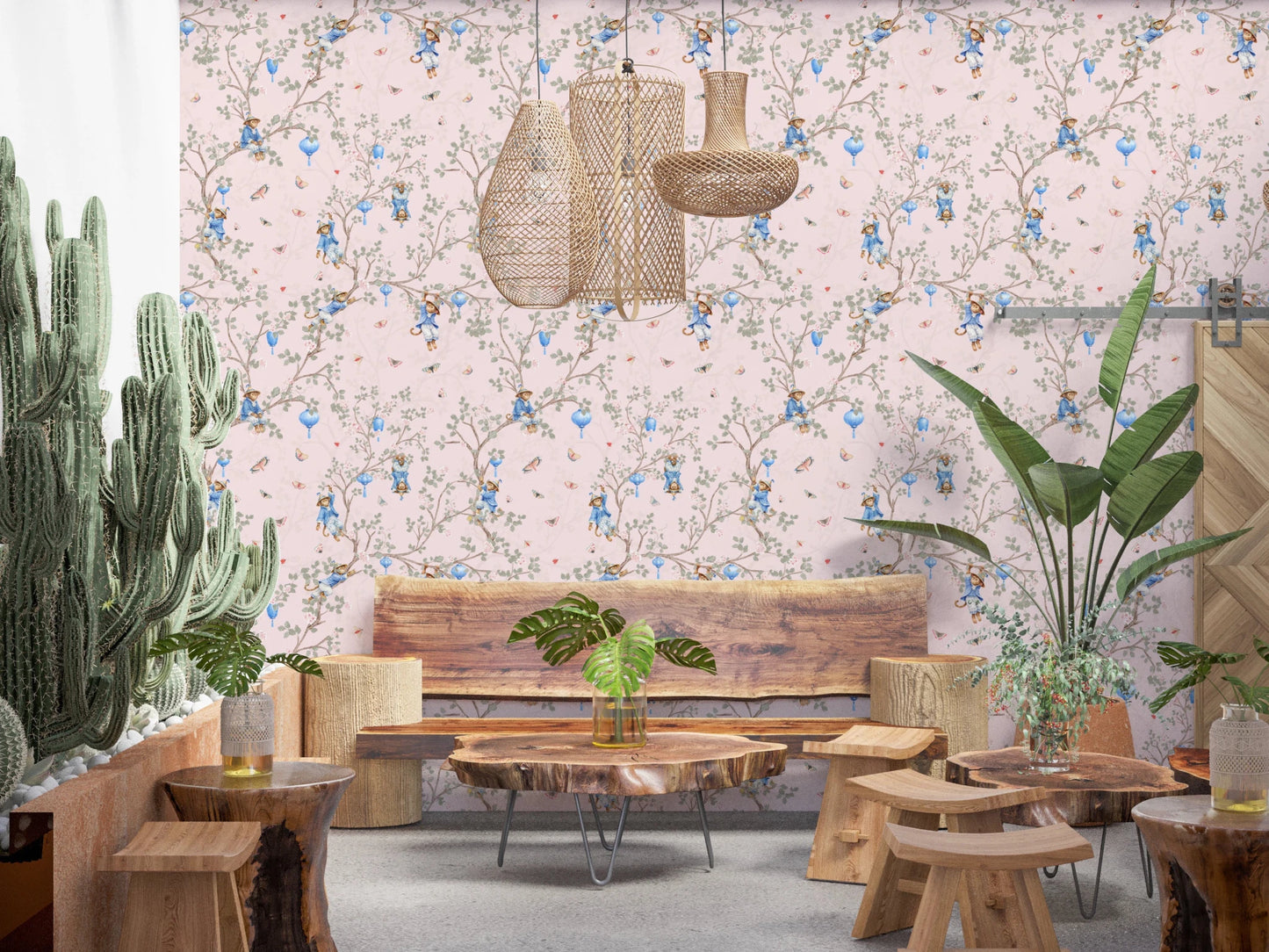 Botanical Dining space with Vintage Rococo Chinoiserie pink Wallpaper, GD8643