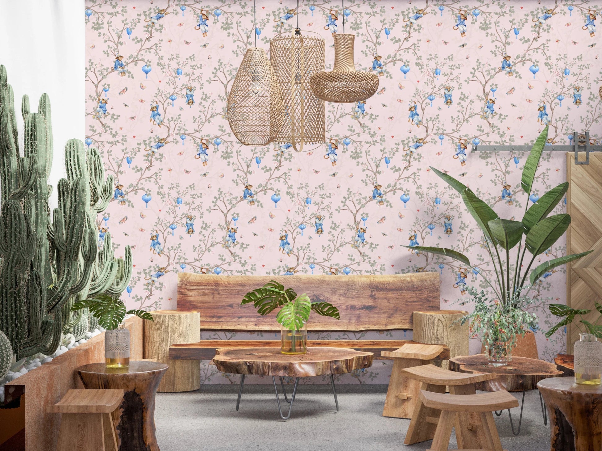 Botanical Dining space with Vintage Rococo Chinoiserie pink Wallpaper, GD8643