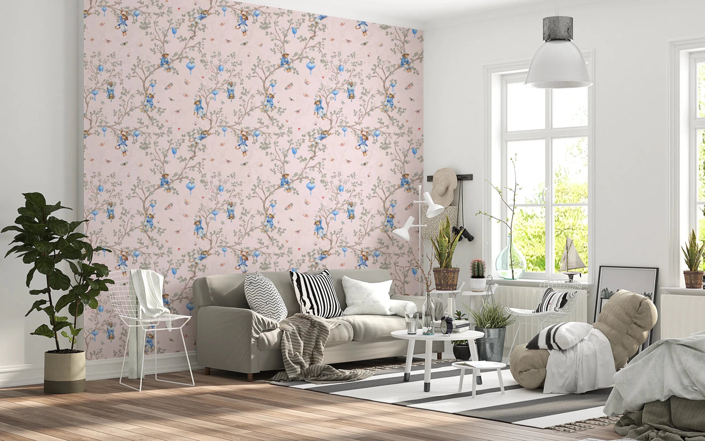 Modern lounge finished in Vintage Rococo Chinoiserie pink Wallpaper, GD8643