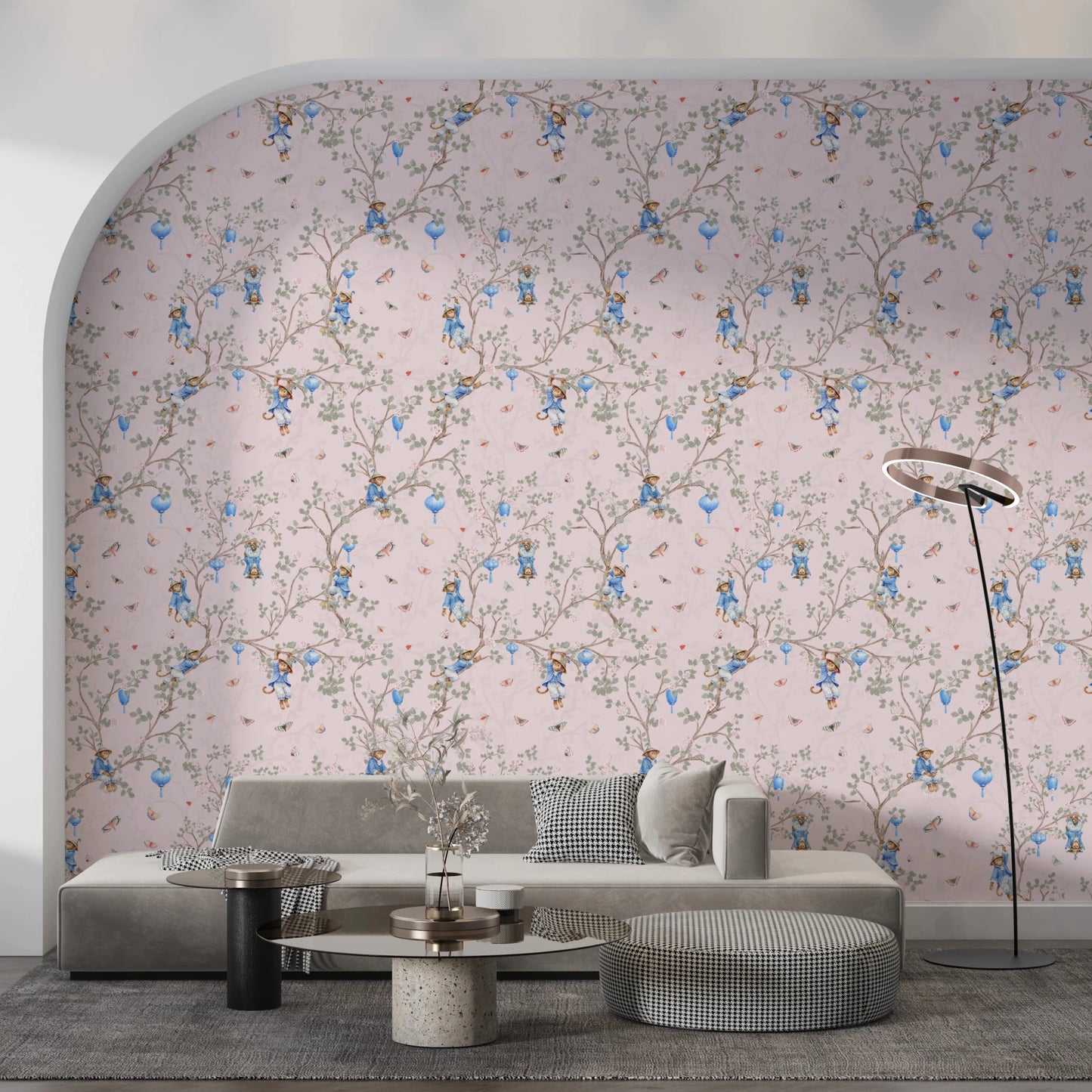 Living room accented by Vintage Rococo Chinoiserie pink Wallpaper, GD8643