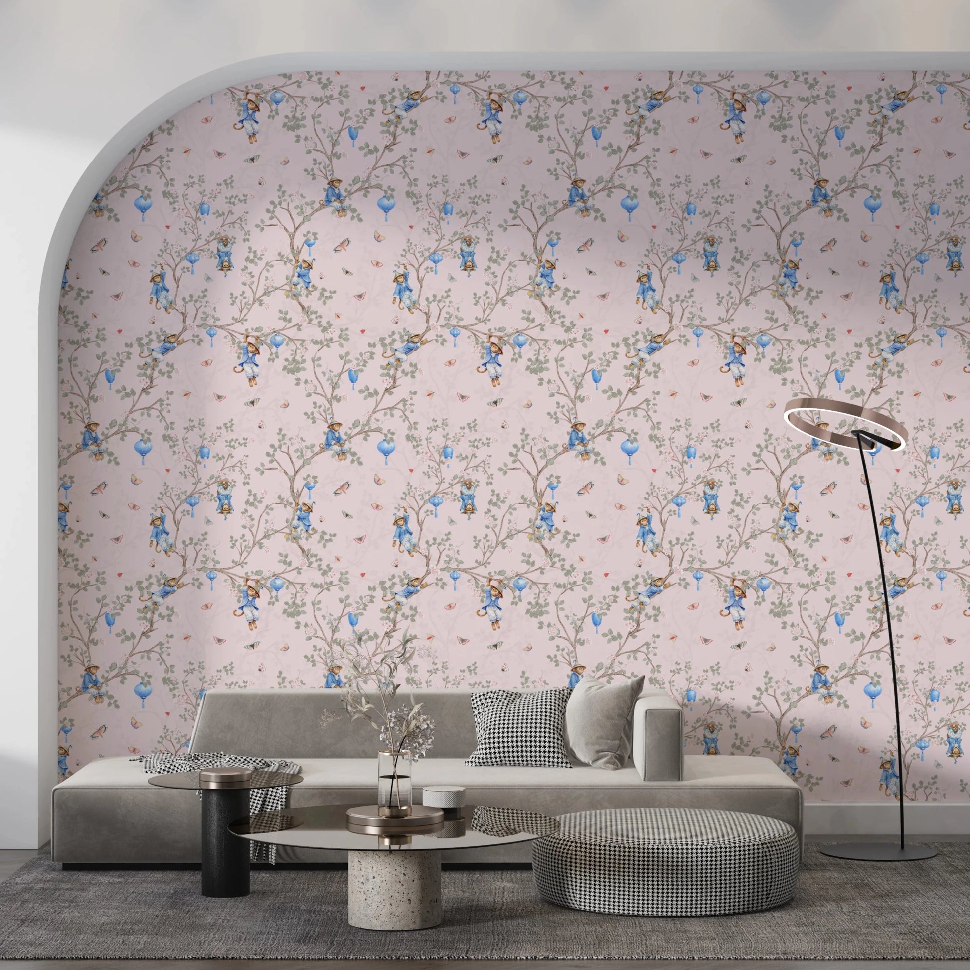 Living room accented by Vintage Rococo Chinoiserie pink Wallpaper, GD8643