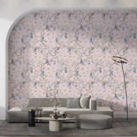 Living room accented by Vintage Rococo Chinoiserie pink Wallpaper, GD8643
