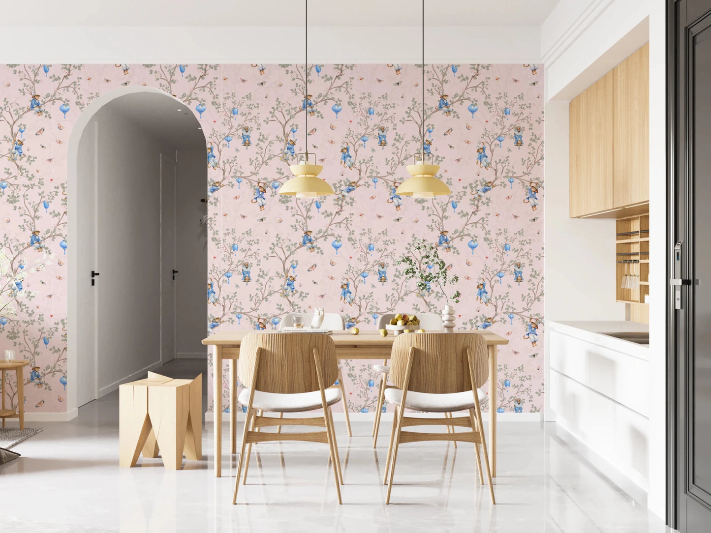 Airy dining area featuring Vintage Rococo Chinoiserie pink Wallpaper, GD8643