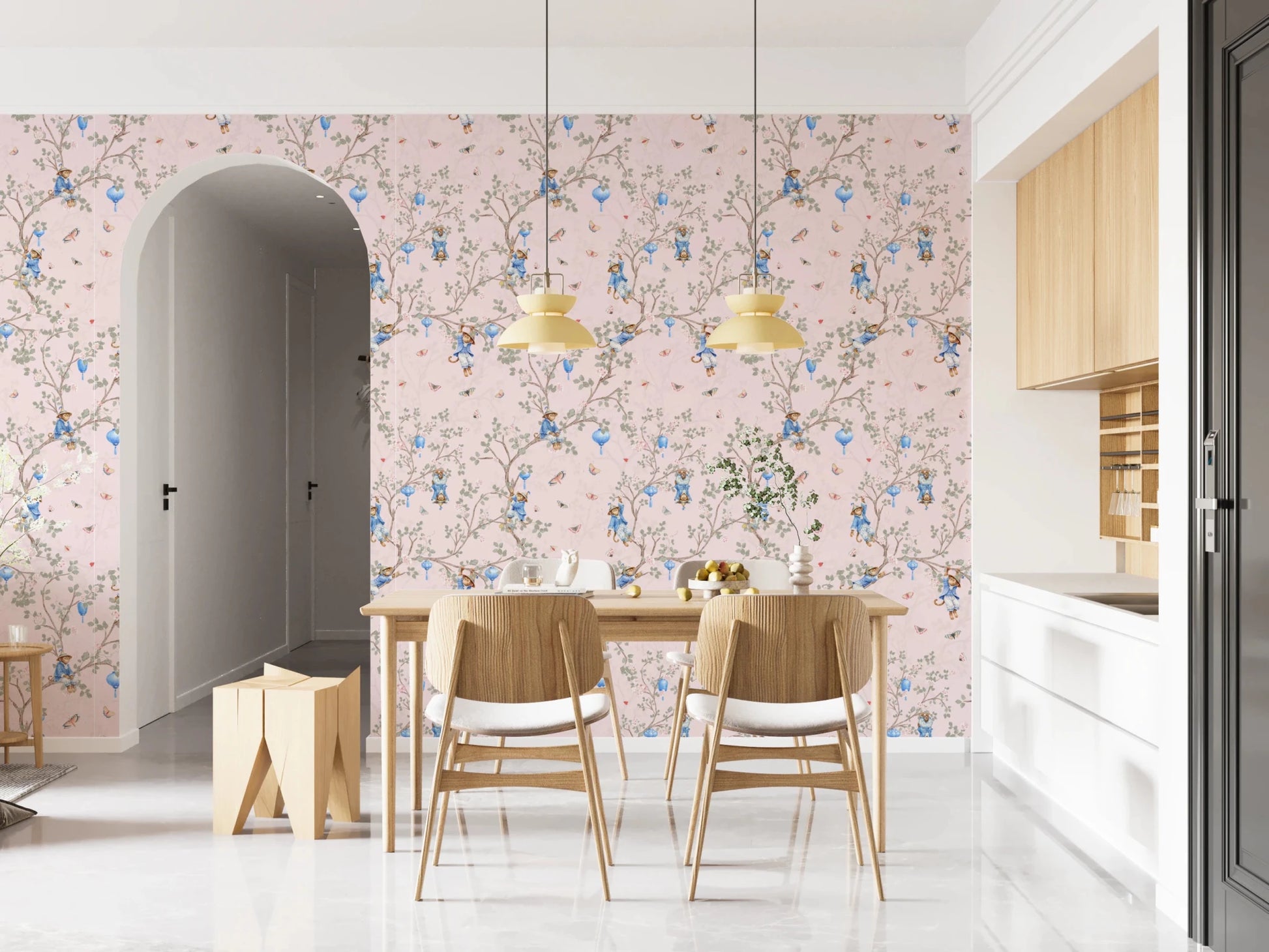 Airy dining area featuring Vintage Rococo Chinoiserie pink Wallpaper, GD8643