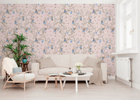 Living nook set against Vintage Rococo Chinoiserie pink Wallpaper, GD8643