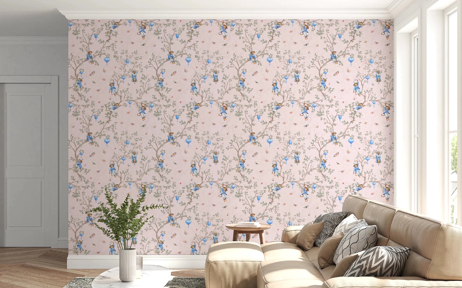 Cozy Living featuring Vintage Rococo Chinoiserie pink Wallpaper behind the bed, GD8643