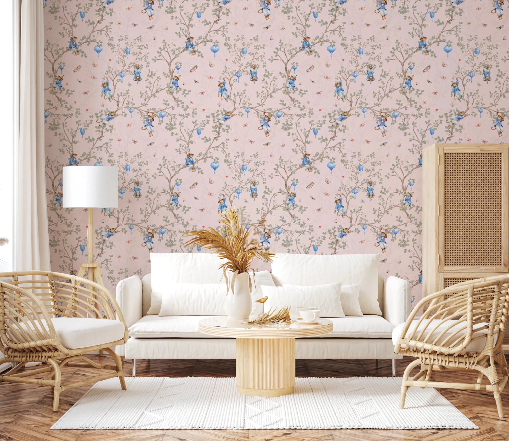 Soft living room corner with Vintage Rococo Chinoiserie pink Wallpaper, GD8643