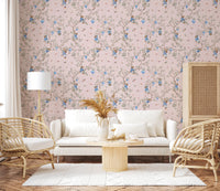 Soft living room corner with Vintage Rococo Chinoiserie pink Wallpaper, GD8643
