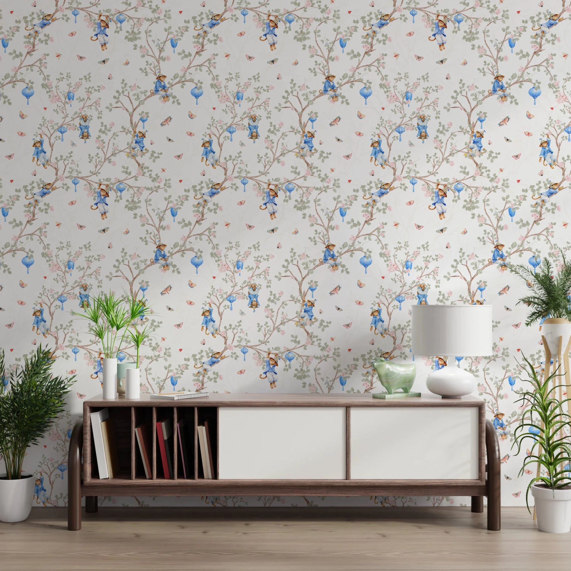 Console corner with Vintage Rococo Chinoiserie White Wallpaper