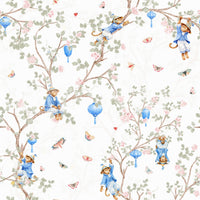 Vintage Rococo Chinoiserie White Wallpaper close-up with monkeys and sakura