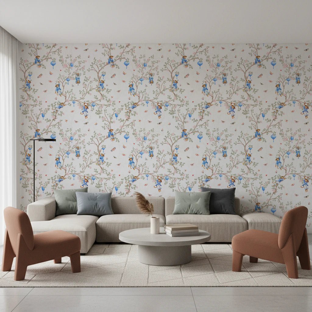 Soft living room with Vintage Rococo Chinoiserie White Wallpaper
