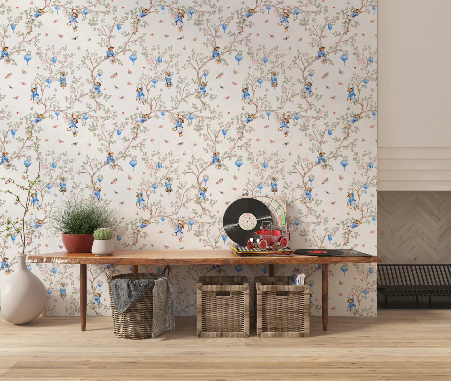 Accent corner with Vintage Rococo Chinoiserie White Wallpaper