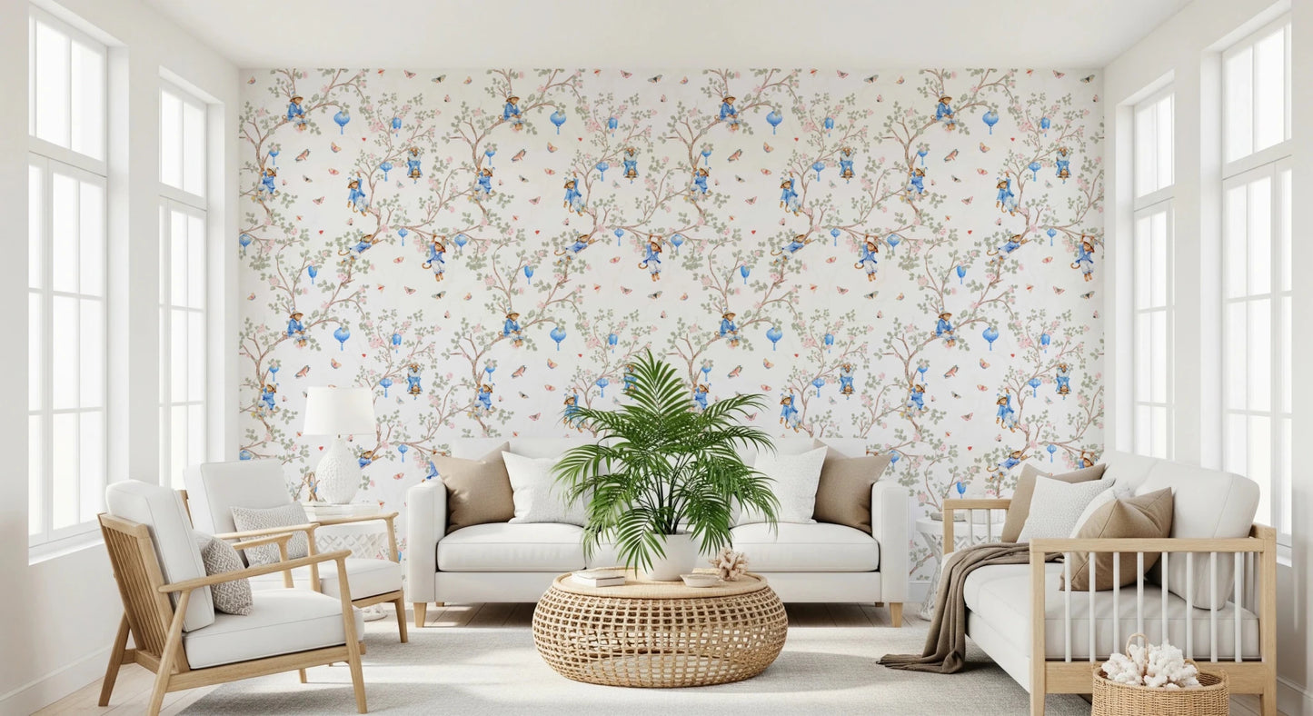 Garden living nook with Vintage Rococo Chinoiserie White Wallpaper