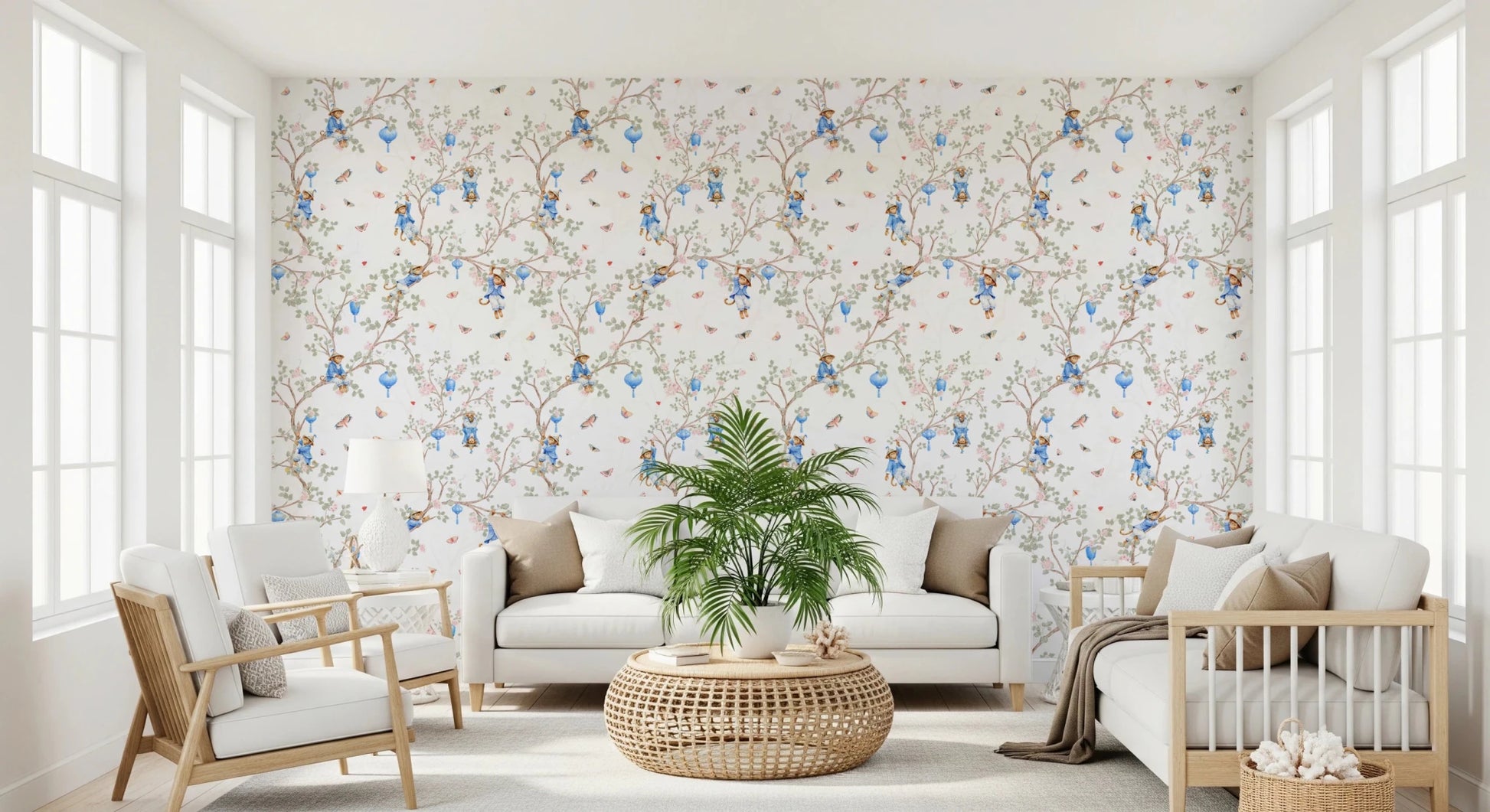 Garden living nook with Vintage Rococo Chinoiserie White Wallpaper