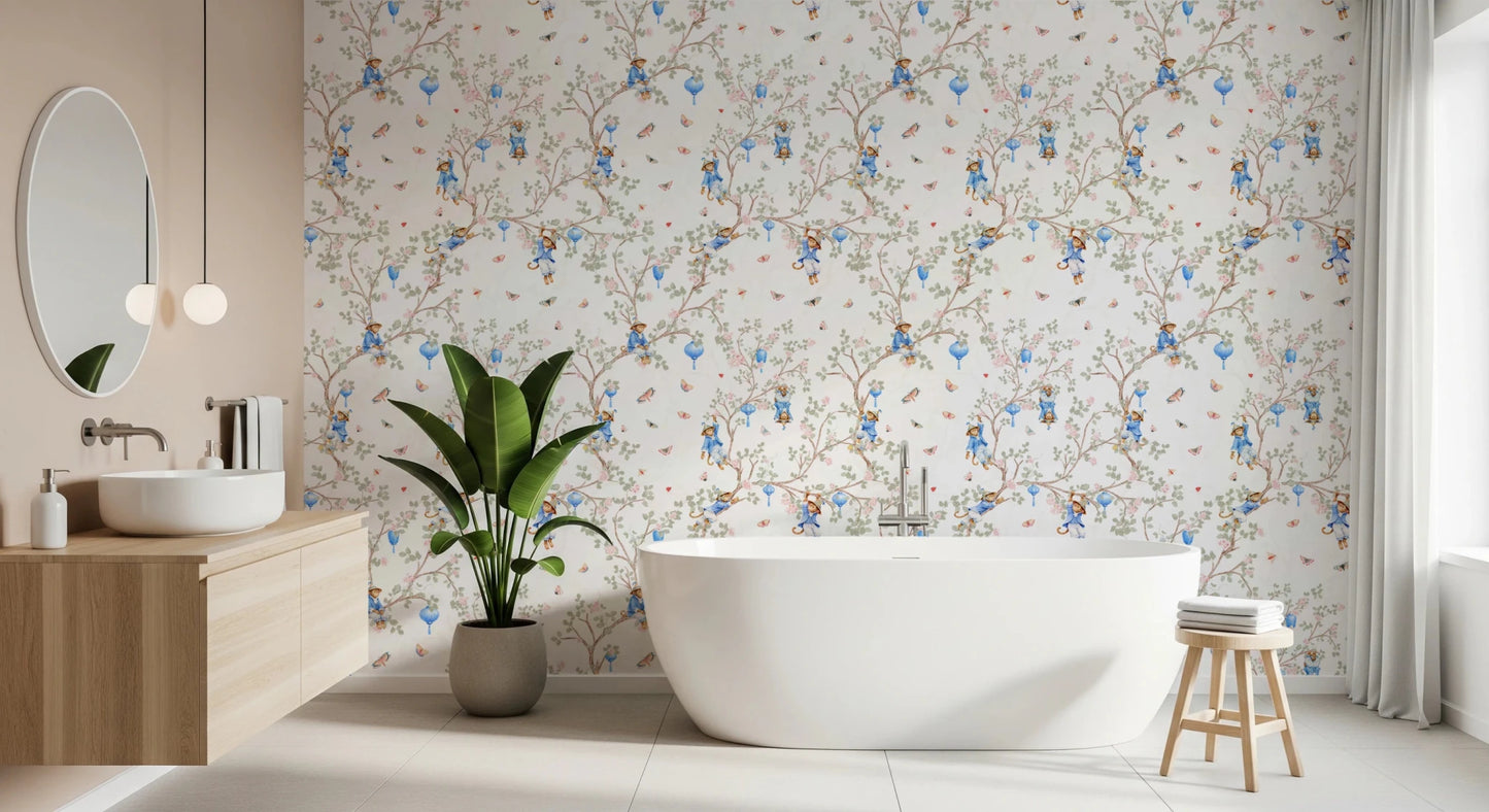 Bathroom with Vintage Rococo Chinoiserie White Wallpaper and tub