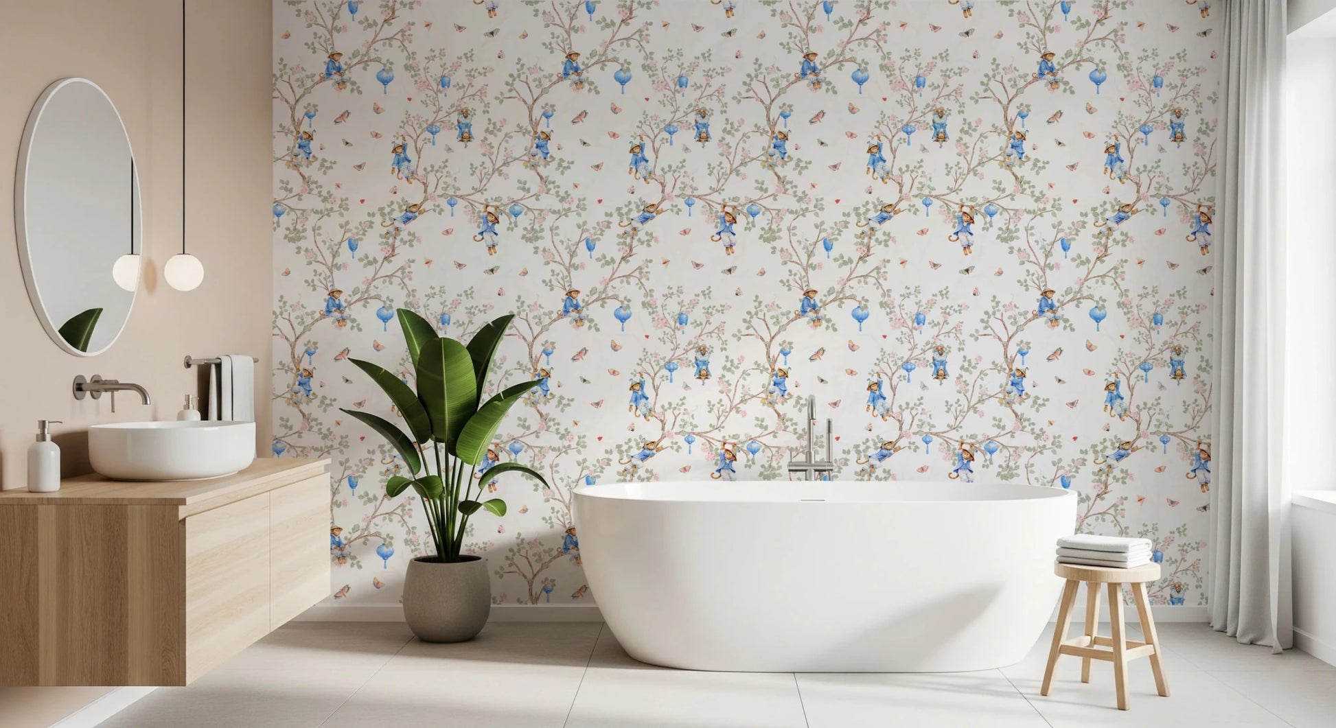 Bathroom with Vintage Rococo Chinoiserie White Wallpaper and tub