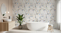 Bathroom with Vintage Rococo Chinoiserie White Wallpaper and tub