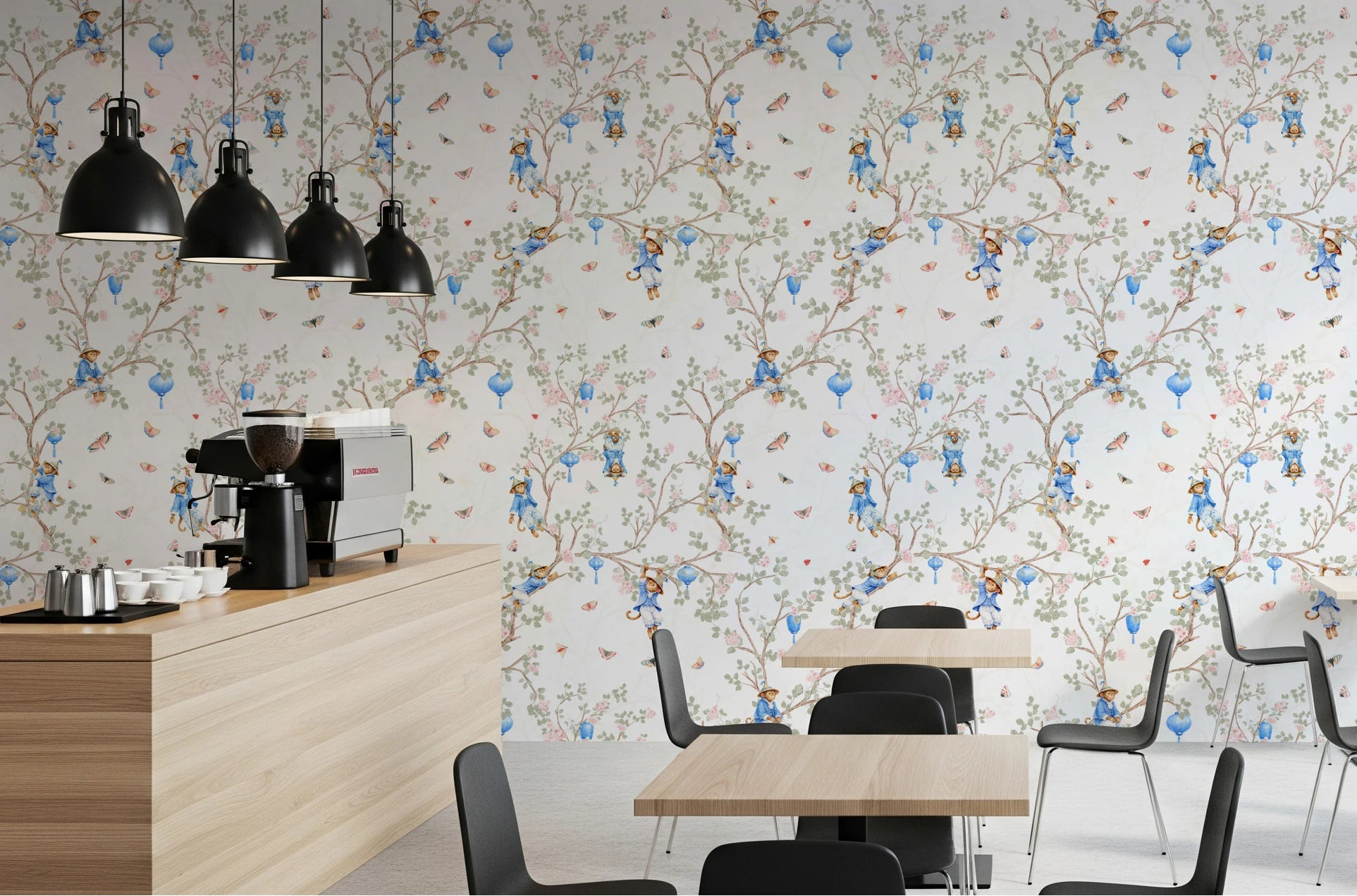 Cafe dining area with Vintage Rococo Chinoiserie White Wallpaper