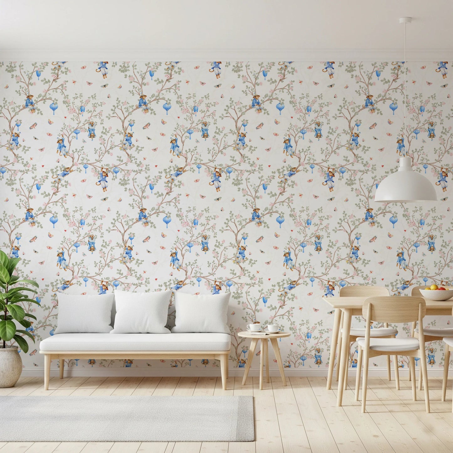 Dining room styled in Vintage Rococo Chinoiserie White Wallpaper