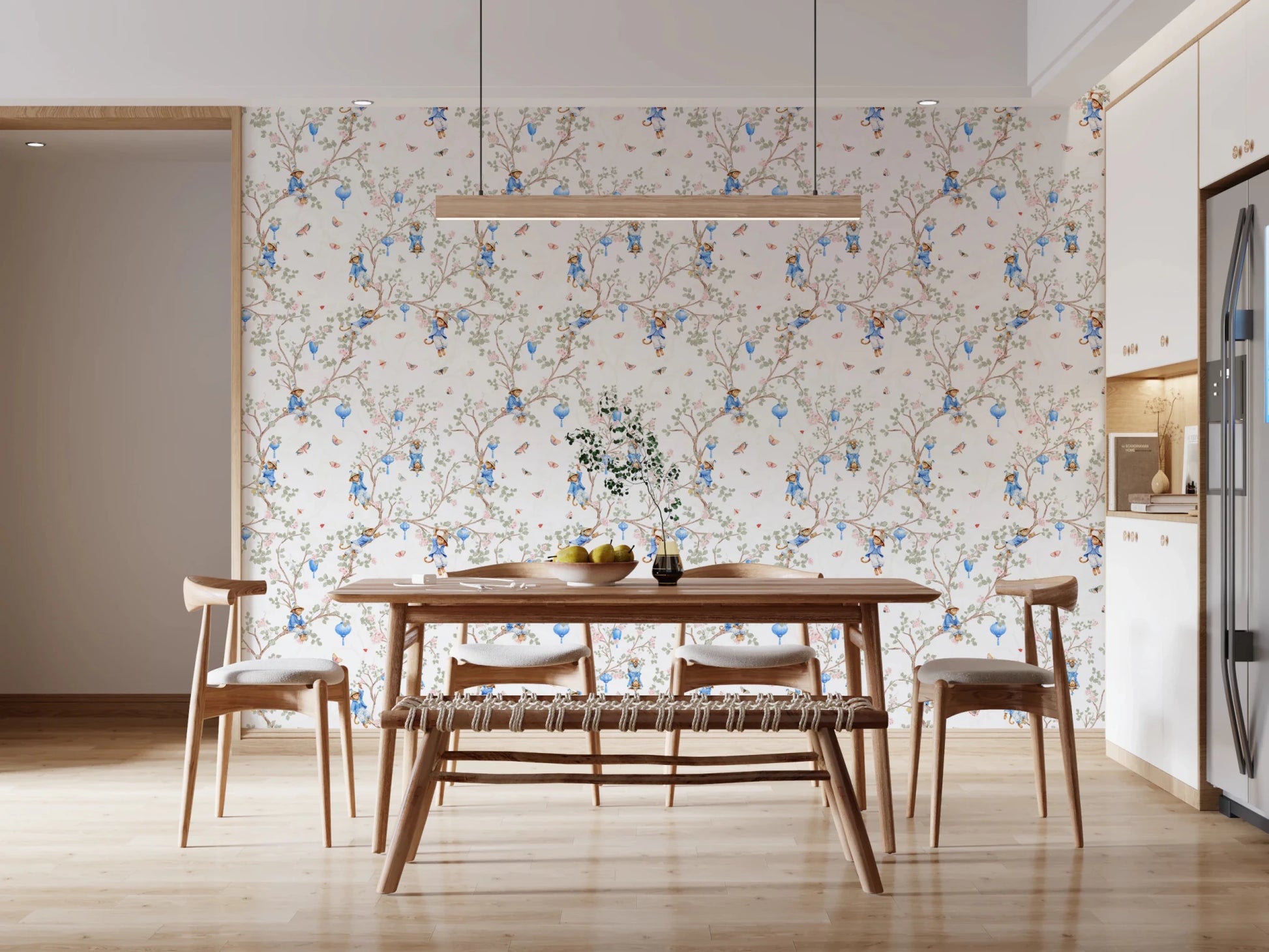 Dining room with Vintage Rococo Chinoiserie White Wallpaper backdrop
